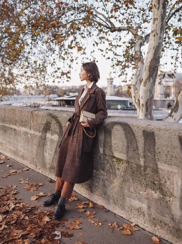 Vintage Plaid Woolen Coat With Belt Autumn Winter Women Casual Warm Jacket Long Outwear