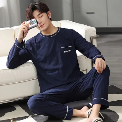 New spring and autumn men's pajamas two-piece pajamas knitted cotton casual loose boys home clothes fashion men's clothing best mens pajamas Men's Sleep & Lounge