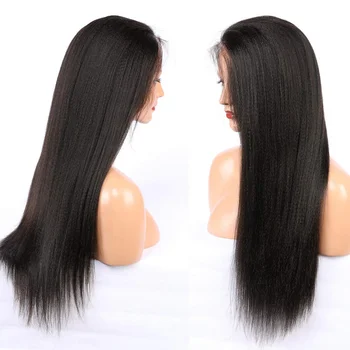 

Lace Front Human Hair Wigs Yaki Straight 150 Density Brazilian Virgin Hair Wigs #1b Color 18 inch Pre Plucked For Women