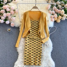 

2Pcs Knitted Cardigan Coat Plaid Vintage Houndstooth Ladies Knit Dress 2021 Long Sleeve Sweater Warm Slim Dresses Vestidos Sets