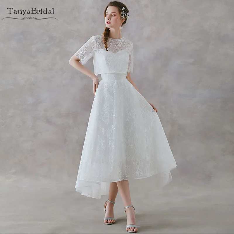 

High Low Wedding Dress Lace Bridal gowns Short sleeve Two Pieces elegant Noivas DW272