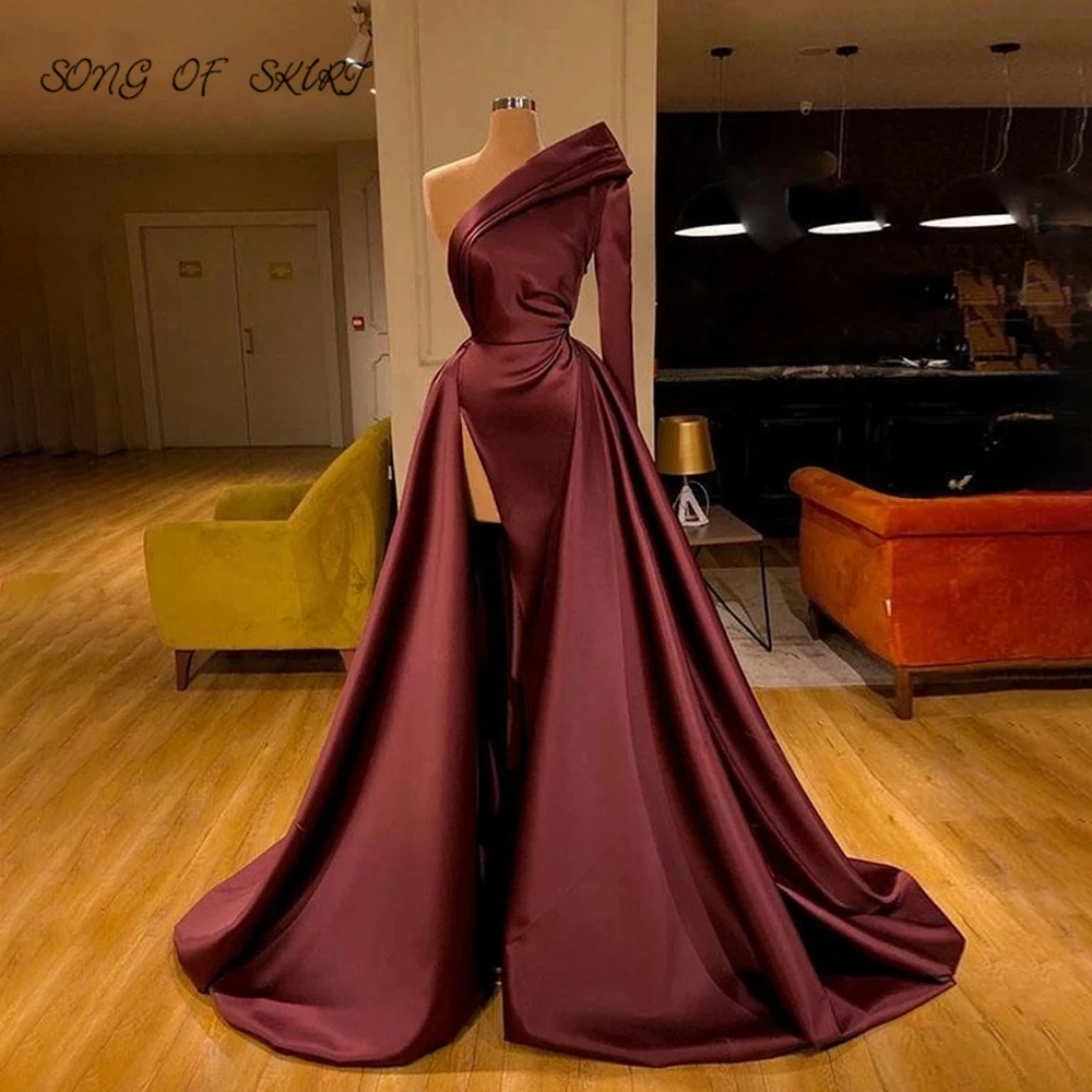 

Simplicity Burgundy One Shoulder Mother Of Bride Dresses High Split Women Evening Festival Party Gown Robe De Soirée Femme