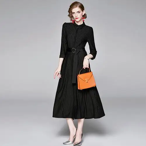 Осеннее новое платье для женщин vestido de festa халаты Femme Ol модное платье в Украинскую полоску тонкие женские платья Vestidos - Цвет: Черный