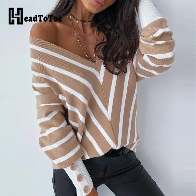 

V Neck Popper Cuff Striped Casual Sweaters Women Long Sleeve Autumn Winter Sweater Tops Ladies Buttoned Pullovers Streetwear