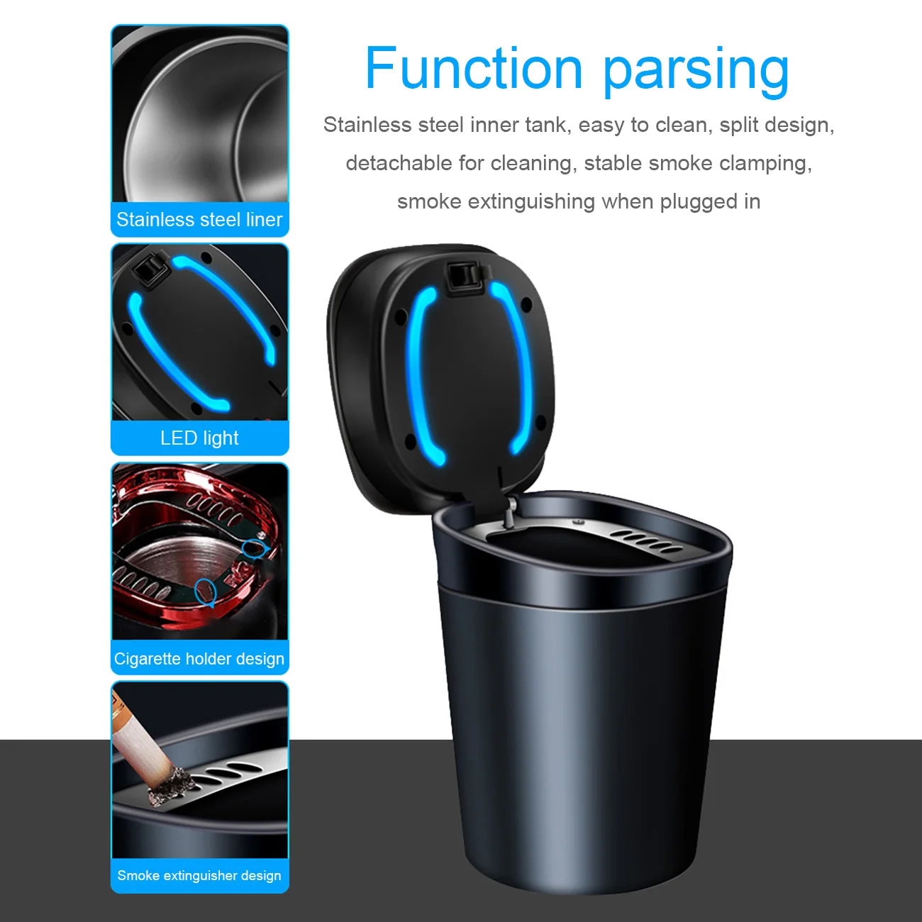 Car Ashtray with Detachable Lid Creative Portable Ashtrays with LED Light Decorative for Vehicle Automotive Interior Accessories