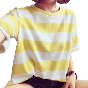 

New Women Casual Short Sleeve Crew Neck T Shirt Pullover Loose Stripe Tops Outfit
