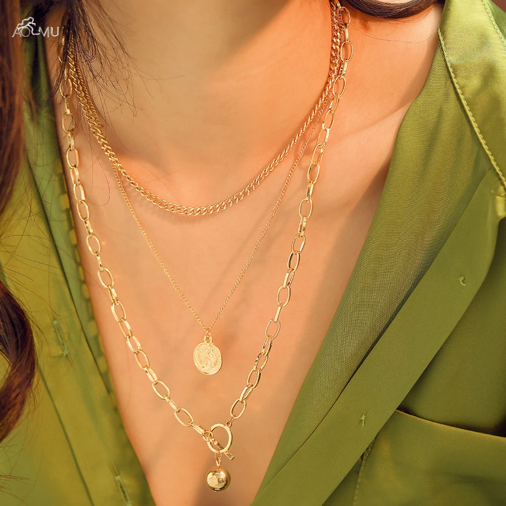 

Boho Multi Layer Chain Pendant Choker Necklace Portrait Coin Ball Alloy Chain Women Statement Jewelry Female Accessories