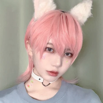 

MANWEI Short Straight With Bangs Male Boy Synthetic Tangerine powder Wigs For Women Men Cosplay Anime Costume Daily Party Wig