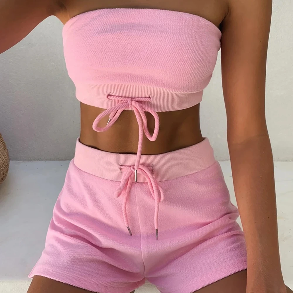 Summer 2 Piece Sets Women Bandage Drawstring Strapless Crop Top Short Pants Jogging Tracksuit Ladies Sport Set Hoodies Outfits