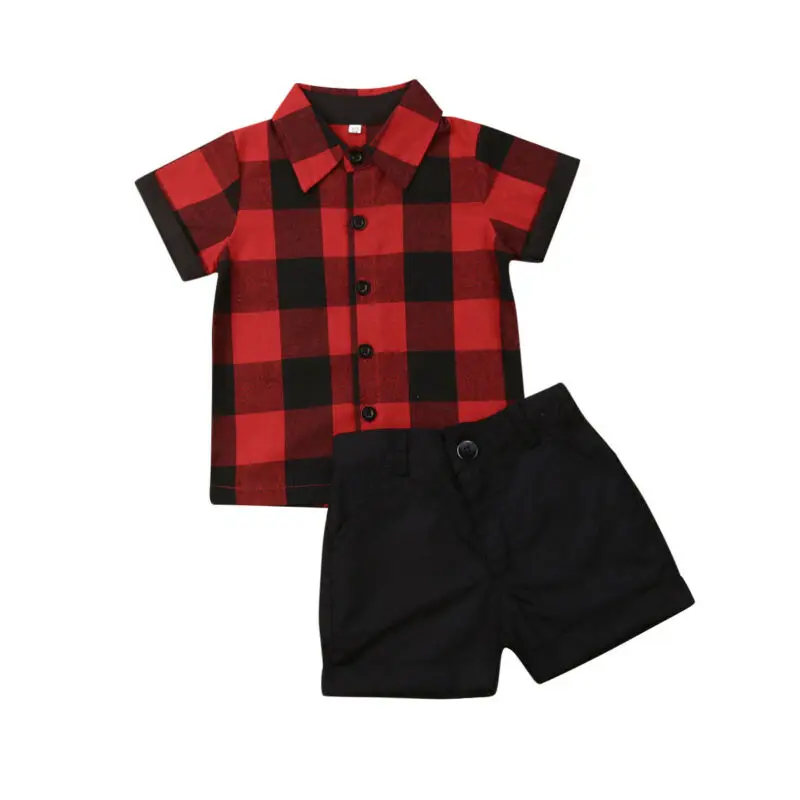 От 1 до 5 лет, летние комплекты для маленьких мальчиков одежда джентльмена красная клетчатая рубашка Топ и шортики официальный костюм