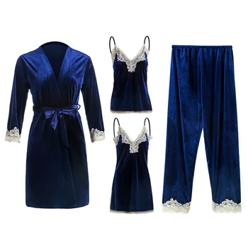 

Lace Patchwork Sleep Set Pyjamas Velour Kimono Bathrobe Gown Home Clothes 4PCS Sleepwear Women Velvet Nightgown Pajamas Suit