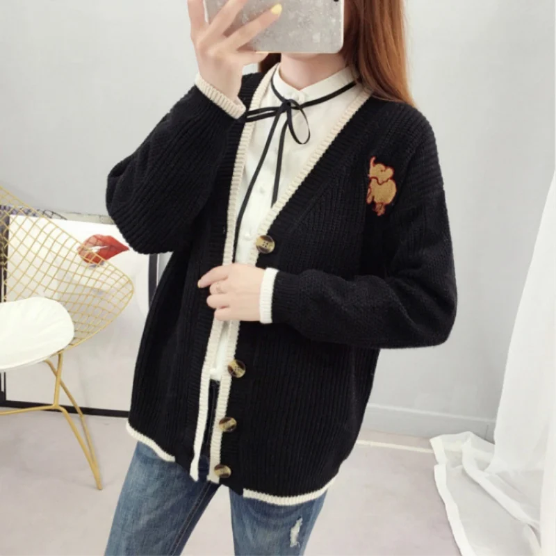 Korean Style Spring Autumn Sweet Loose Lazy Wind Button Knit Cardigan Pocket Jumper Sweater Long Lantern Sleeve Coat Women