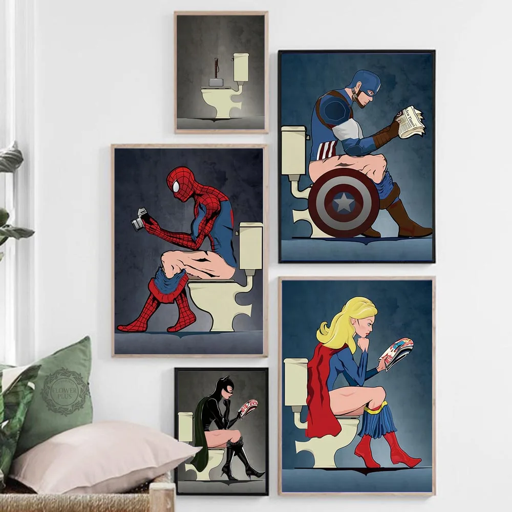 

Comic Book Hero Character Read Magazine in the Toilet Painting Cartoon Posters Prints Washroom Restroom Decor Wall Art Picture