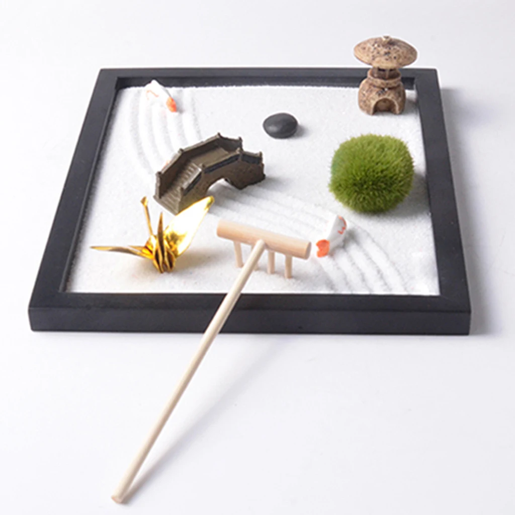 ZEN Garden Kit of Relax Sand Stone Tray Statue for Meditation Yoga Room Office