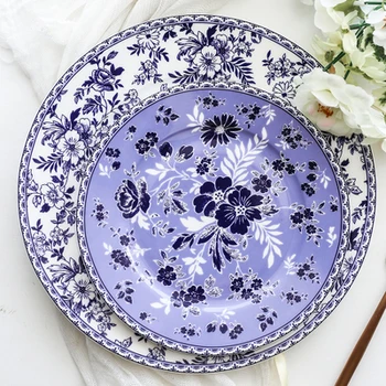 

Bone China Blue And White Western Steak Plate Chinese and Dishes Flat Fruit Salad Dessert Home Ceramics Tableware
