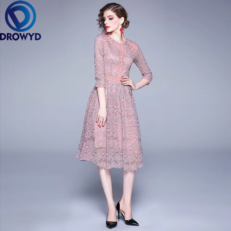 Кружевное миди-платье для женщин, Осеннее корейское повседневное розовое модное бохо-платье с круглым вырезом, ретро элегантное Клубное вечернее платье Vestidos