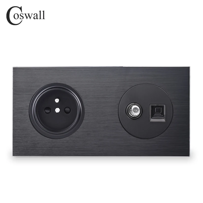 Coswall Aluminum Panel Black French Standard Wall Socket + Female TV Connector With CAT5E RJ45 Computer Jack 172*86mm R12 Series |
