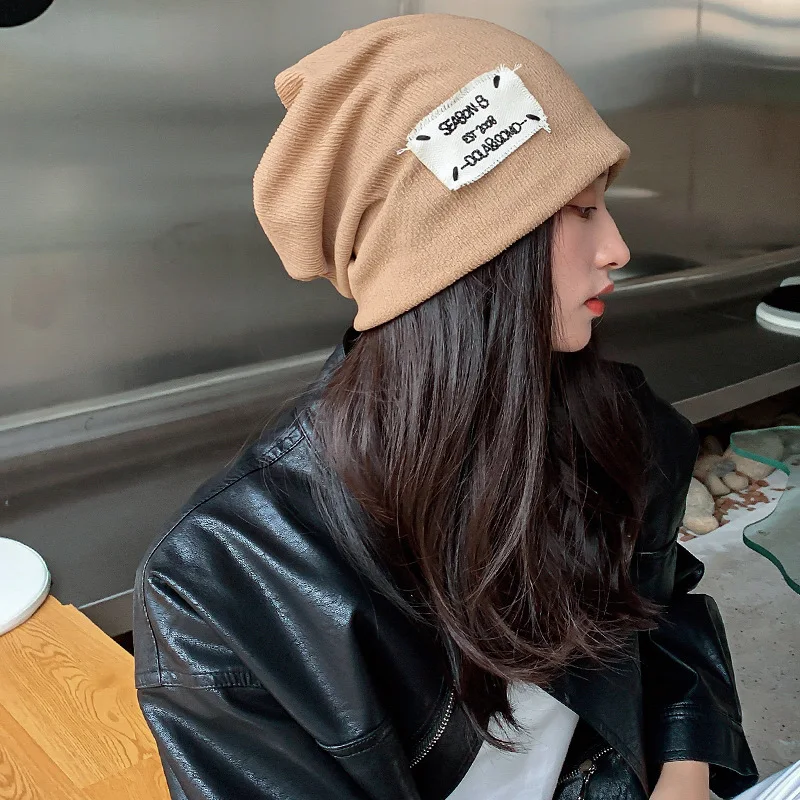 Women Cotton Beanies Patch Pullover Cap 