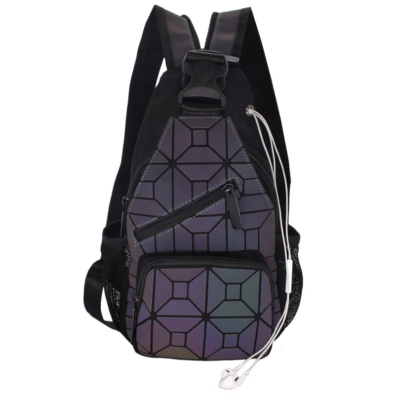 Новые модные женские туфли рюкзаки Для мужчин геометрический рюкзак с отражающими вставками и разъемом для наушников, отверстие рюкзак школы мужские дорожные сумки на плече на груди