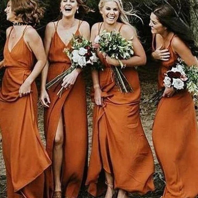 $51.92 2020 Cheap Spaghetti Straps Simple Popular A-Line V-Neck Orange Fall Bridesmaid Dresses with Split