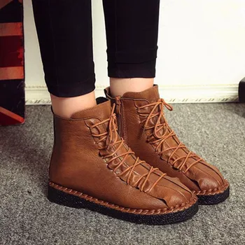 

Ankle Boots Women Black Brown Soft Leather Lace Up Winter Shoes Booties Fashion Women Warm Low Heels Platform Short Boots Female