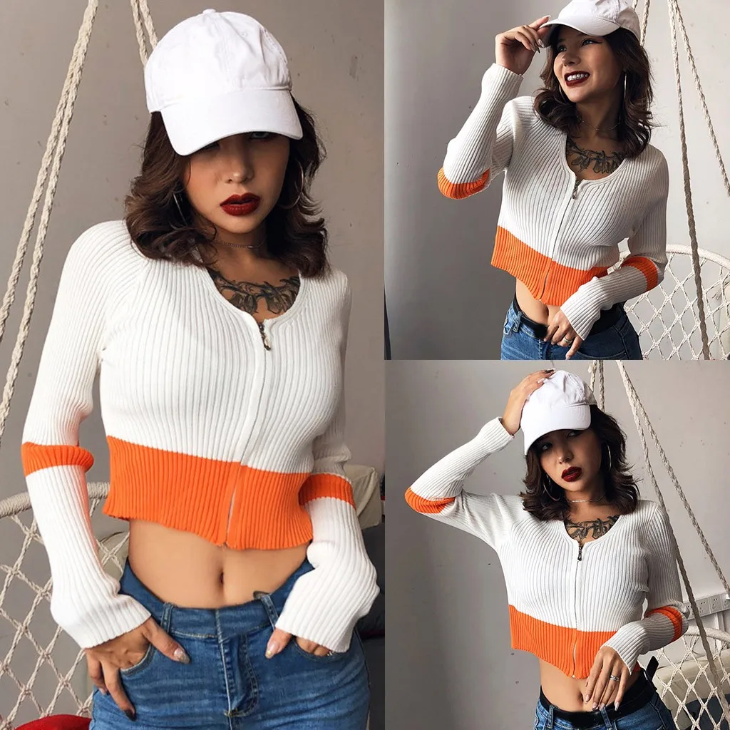 coats and jackets Women Autumn Long Sleeve Color Splicing Zipper Knitting Pullover Short Blouse chaquetas mujer manteau femme