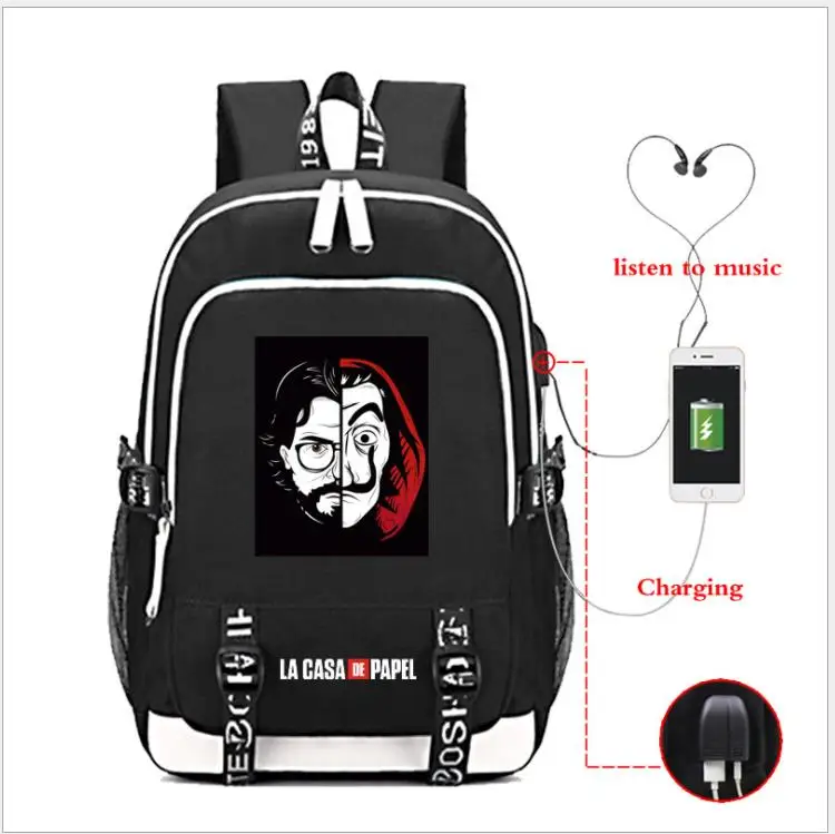 La Casa De Papel Оксфорд рюкзак usb зарядка школьная сумка бумажный дом музыкальная сумка Mochila Дорожная сумка для ноутбука ранец - Цвет: as pictures