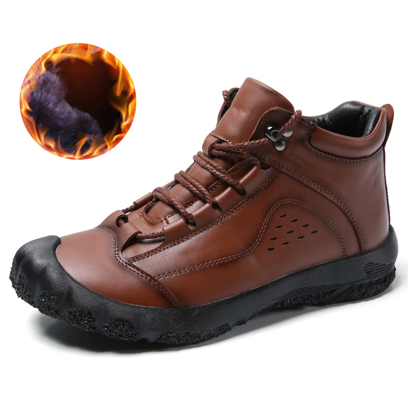 fur brown Men Genuine Leather Hiking Shoes Mountain Climbing Boots Winter Hunting Shoes Waterproof Plus Size 48 Ankle Plush Boots For Men - Цвет: fur brown
