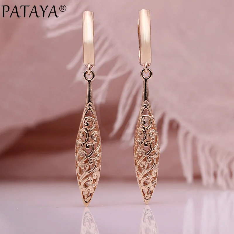 

PATAYA New Unique Long Earrings Women Wedding Fine Cute Fashion Jewelry 585 Rose Gold Hollow Carving Vintage Tip Dangle Earrings