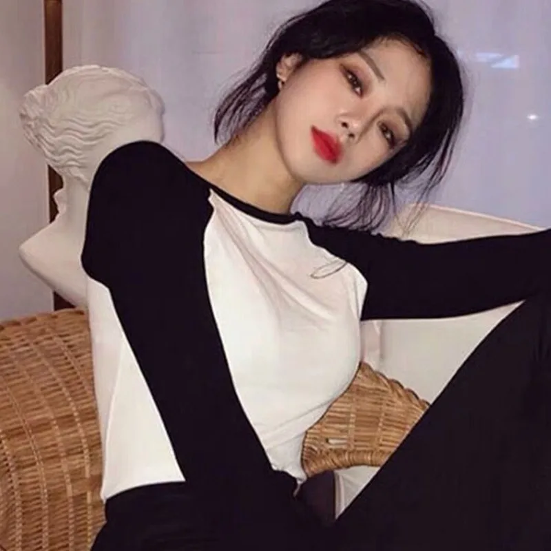 Women's Round Neck Patchwork T Shirt Spring Autumn Fashion Casual Sexy Slim Long Sleeve T Shirt Tops. 1