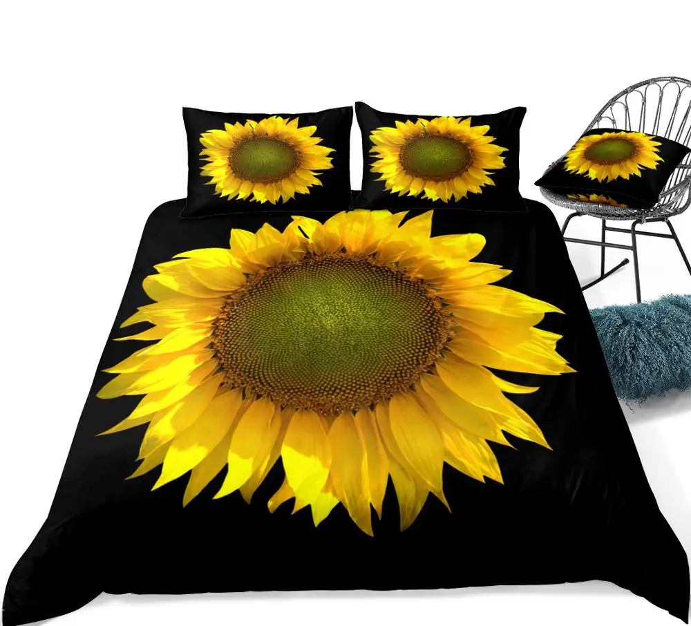 3d Sunflower Duvet Cover Set Blooming Sunflower Bedding Black