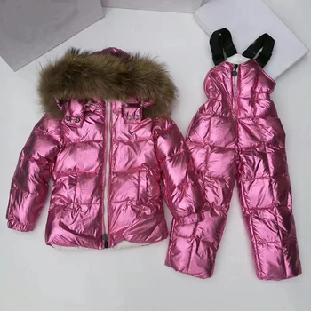 

2019 Winter jacket child down suit jcket +pant winter boys and girls duck down suits, raccoon fur bright children skisuit