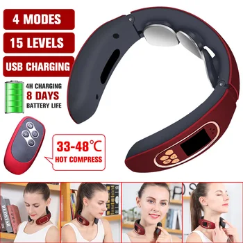 

Electromagnetic Neck Pulse Massager Portable USB Rechargeable Cervical Massage Device English Voice 4 Modes W/Remote