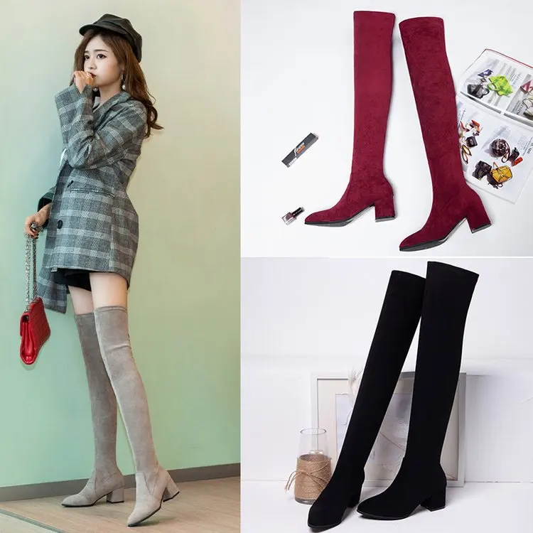 

Thigh High Women Boots Winter Pointed Over The Knee Women High and Thin with Thick and Suede Elastic Boots B10