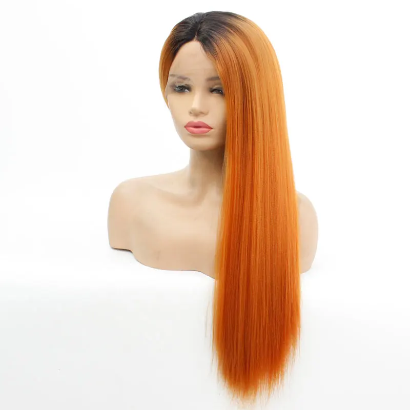Омбре черные корни до оранжевый яки прямые натуральные волосы 2" дюймов термостойкие волокна ежедневно синтетические кружева спереди парик для женщин