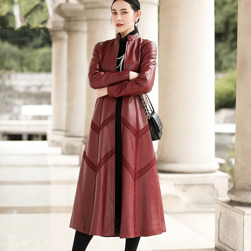 AYUNSUE, настоящая кожаная куртка, зимняя куртка для женщин, натуральная овчина, пальто, женский длинный пуховик, уличная ветровка, XS18D18-13 - Цвет: wine red-thicken
