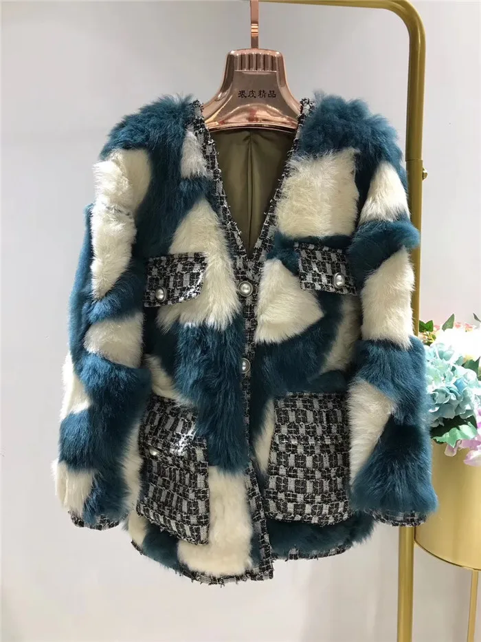 Женские куртки и пальто двустороннее меховое кожаное пальто из настоящей тосканской шерсти Мех твидовый шерстяной небольшой аромат cardgan - Цвет: blue