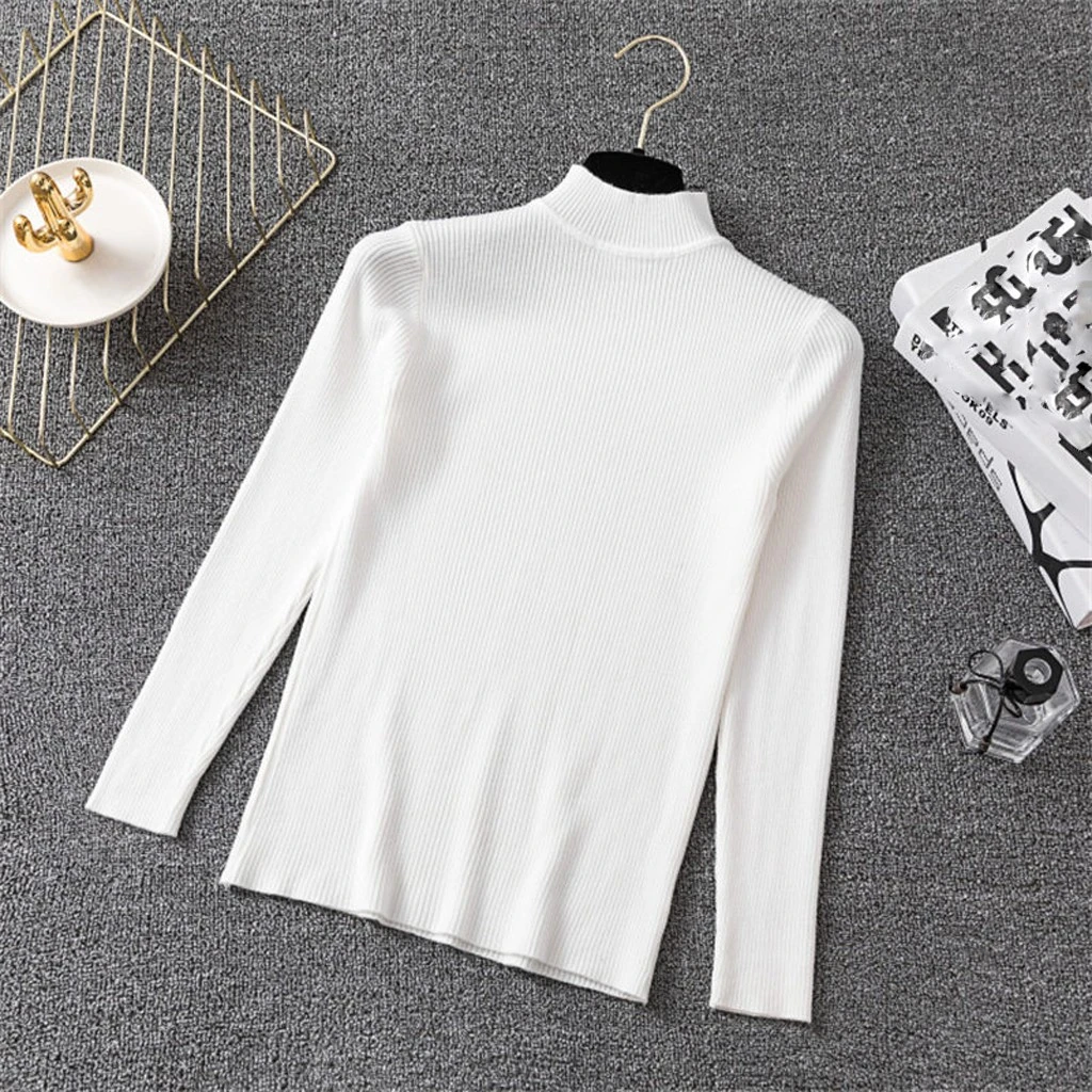 Fashion Blouse Women Top Korean Harajuku Long-sleeved Knitting Shirt  Solid Color Slim Semi-High Collar Elegant Shirts 826