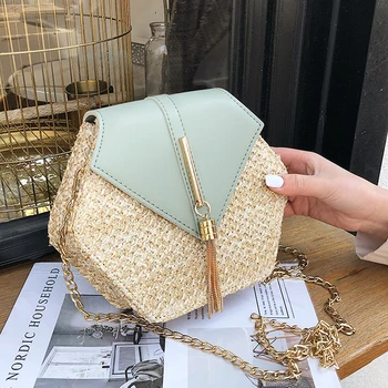 

New hexagonal multi-pattern straw + leather handbag ladies summer rattan handbag hand-woven beach circle bohemian shoulder bag