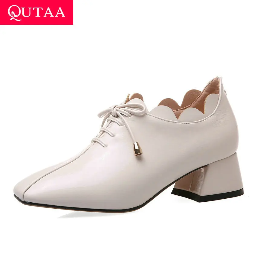 

QUTAA 2020 Square Heel Fashion Single Shoes Square Toe Lace Up Zipper Ladies Pumps PU Leather Casual Women Shoes Big Size 34-42