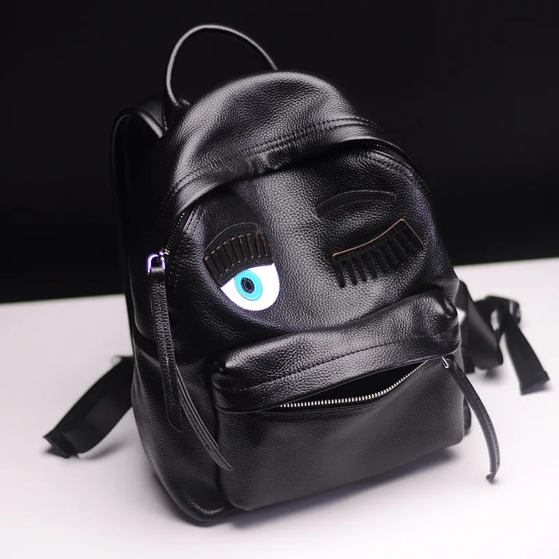 

Natural Toppest Quality Real Cow Leather Funny Eyes School Backpack Teenager Girl Boy Fashion Icon Streetwear Travel Bag