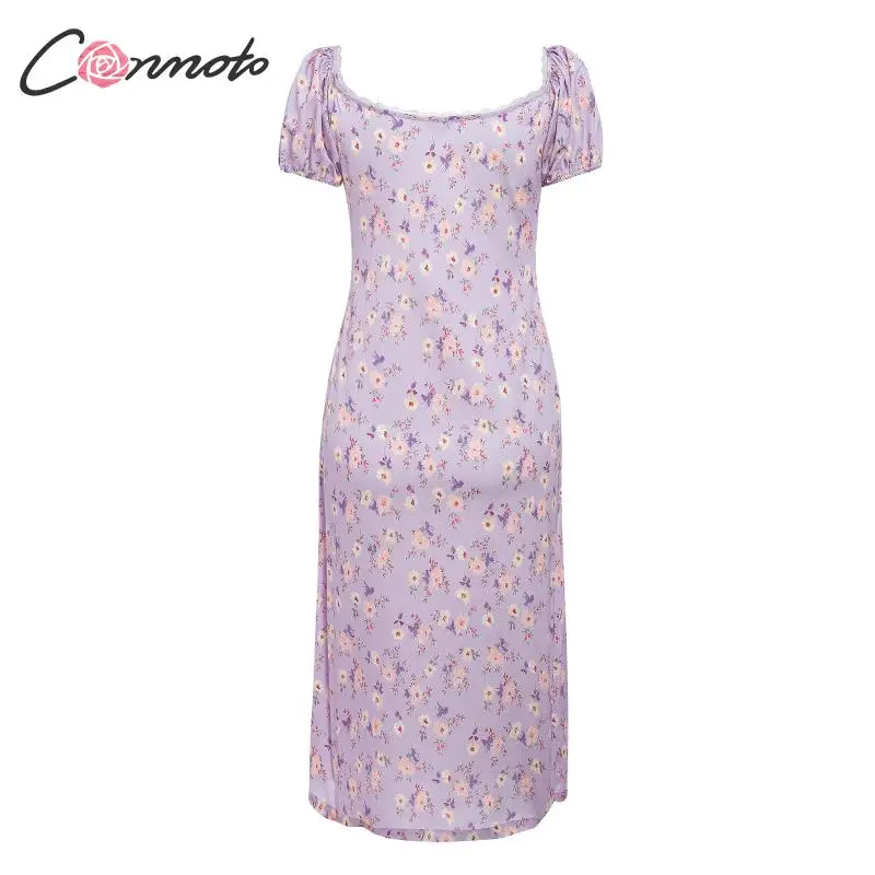 Conmoto puff split ruched vintage long dresses women lace patchwork straight sexy beach summer purple floral dress vestidos