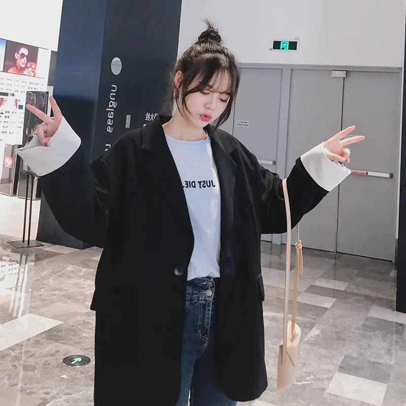 

NS Contrast Color Joint Plaid Suit Jacket Women's Korean-style Loose-Fit BF Student Network Red CHIC Hong Kong Flavor Suit Fashi