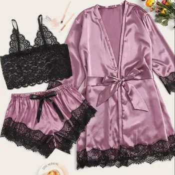 

3PC Women Lace Satin Wireless Bra Shorts Pajamas Female Sleepwear Bow Robe Lntimate Underwear Lingerie Ladies Brief Sets