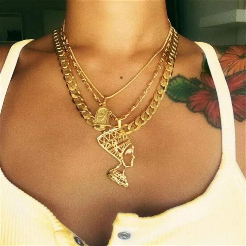 Trendy Punk Multilayer Pharaoh Portrait Coin Pendant Necklace Women Gold Color Figaro Chain Statement Fashion Jewelry | Украшения и