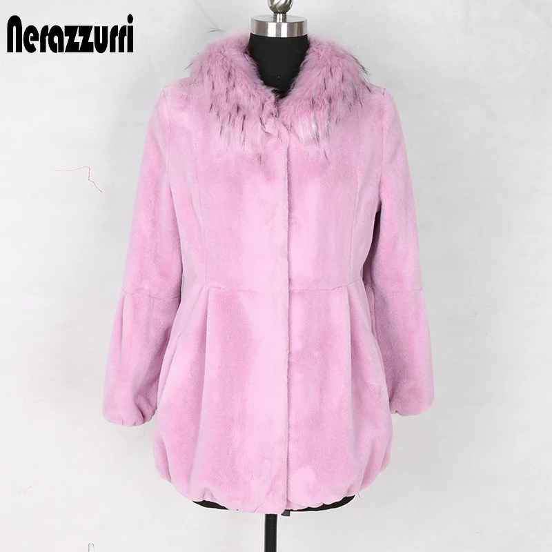 Nerazzurri/зимнее пальто из искусственного меха с воротником из лисьего меха, эластичная гофрированная кайма, пальто из искусственного меха, розовая, Лавандовая, пушистая куртка для женщин шуба из искусственного меха