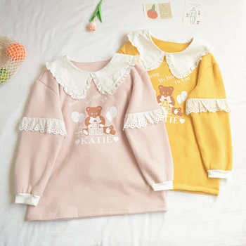 

Mori Girl Cute Balloon Teddy Bear Printed Ruffles Plush Hoodie Harajuku Soft Girl Doll Collar Sweatshirt Autumn Pullovers Tops