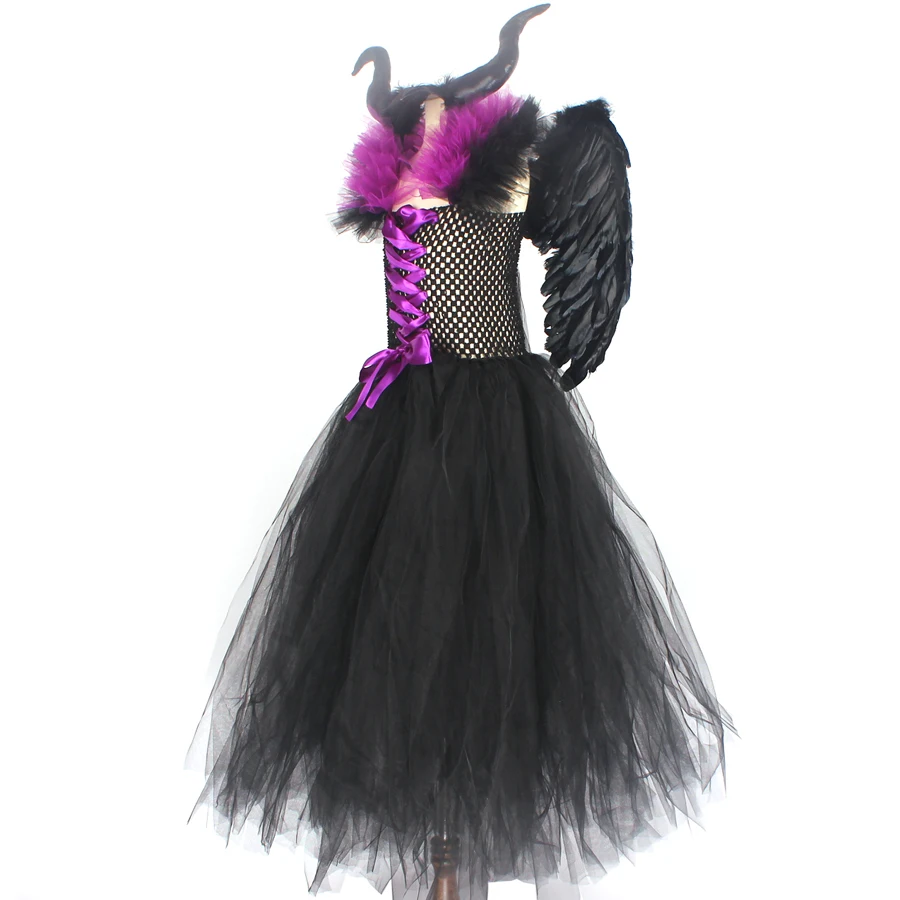 Kids Maleficent Evil Queen Girls Halloween Fancy Tutu Dress Costume Children Christening Dress Up Black Gown Villain Clothes (5)