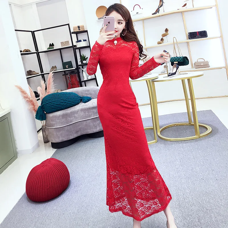 Китайское вечернее платье, китайское платье, сексуальное, cheongsam, с вырезами, кружево, qipao, длинный рукав, платье, новинка, бодикон