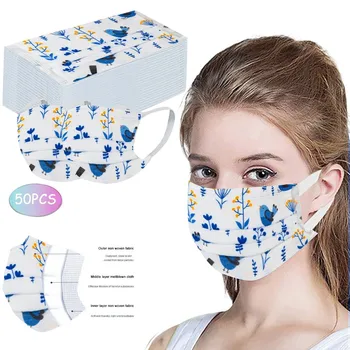

50PCS Disposable Unisex Printed White Soft Mask For Adults 3-Layer Non-woven Mask PM2.5 Dustproof Elastic Ear Straps Mascarilla